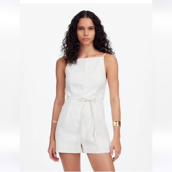 Madewell Sleeveless Square-Neck Pleated Romper size 2 $158 ivory black pinstripe - Picture 1 of 13
